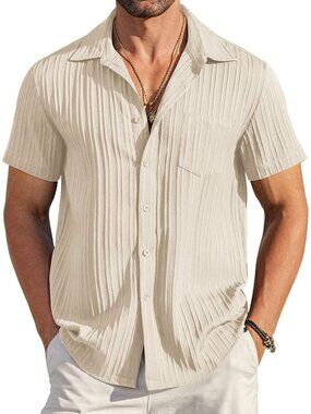 Men's Beige Short Sleeve Textured Summer Collared Casual Button Down Shirts